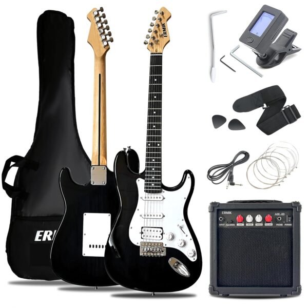 Ermik Soild Body Electric Guitar Kit with Amp 20W, Strings, Strap, Digital Tuner, Picks, Gig Bag, Cable, Tremolo Bar, 39" Full Size Guitar HSS Pickups Guitarra Electrica...