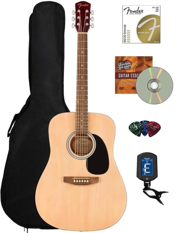 Fender Dreadnought Acoustic Guitar - Natural Bundle with Gig Bag, Tuner, Strings, Picks, Fender Play Online Lessons, and Austin Bazaar Instructional DVD Fender Dreadnought Acoustic Guitar - Natural Bundle with Gig Bag, Tuner, Strings, Picks, Fender Play Online Lessons, and Austin Bazaar Instructional DVD