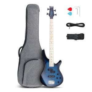 GLARRY Electric Bass Guitar Beginner Kit, 4 String Full Size Solid Body GIB F Series Bass Guitar with Thick Pading Gig Bag Backpack and Accessories (Dark Blue)