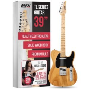LyxPro 39” Electric Guitar TL Series, Full-Size Paulownia Wood Body, 3-Ply Pickguard, C-Shape Neck, Ashtray Bridge, Quality Gear Tuners, 3-Way Switch & Volume/Tone Controls, 2...