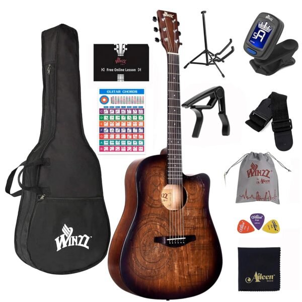 WINZZ HAND RUBBED Series - Full Size Cutaway Carved Acoustic Acustica Guitar Adult Beginner Starter Bundle with Full Kit,41 Inches Right Handed, Brown Sunburst WINZZ HAND RUBBED Series - Full Size Cutaway Carved Acoustic Acustica Guitar Adult Beginner Starter Bundle with Full Kit,41 Inches Right Handed, Brown Sunburst