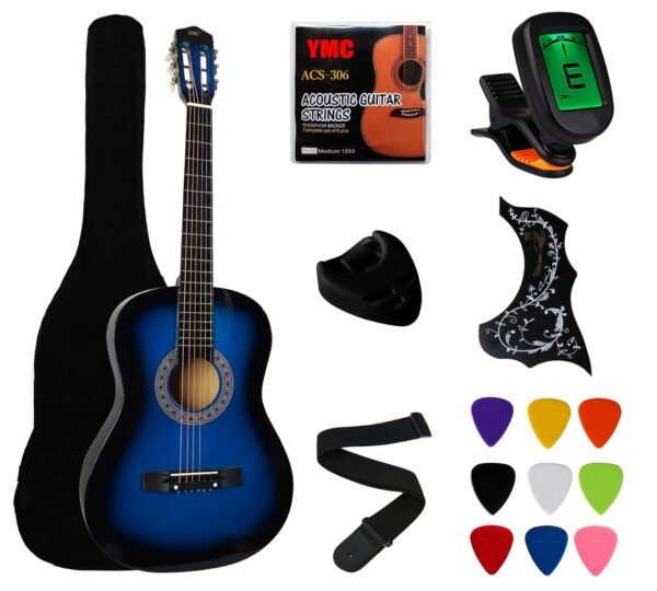 YMC 38" Blue Beginner Acoustic Guitar Starter Package Student Guitar with Gig Bag,Strap, 3 thickness 9 Picks,2 Pickguards,Pick Holder, Extra Strings, Electronic Tuner -Blue